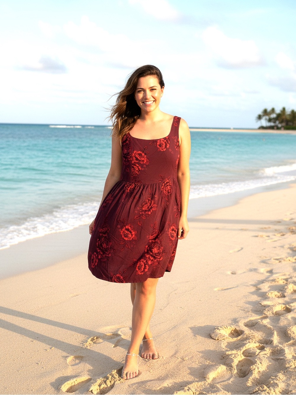 Old Navy Burgundy Dress with Red Floral Print - NWT- 24" p2p, length 38"